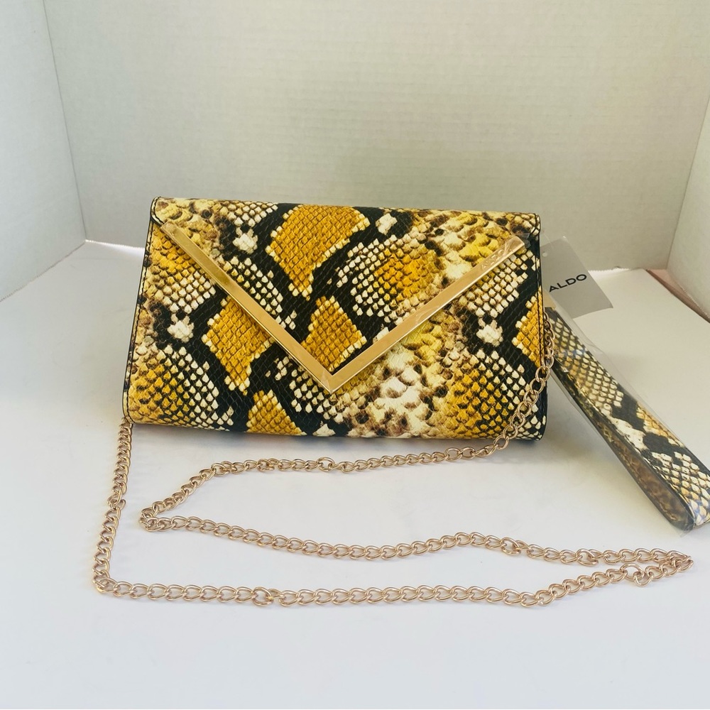 NWT Aldo Yellow Black Snake-Print Crossbody Clutch